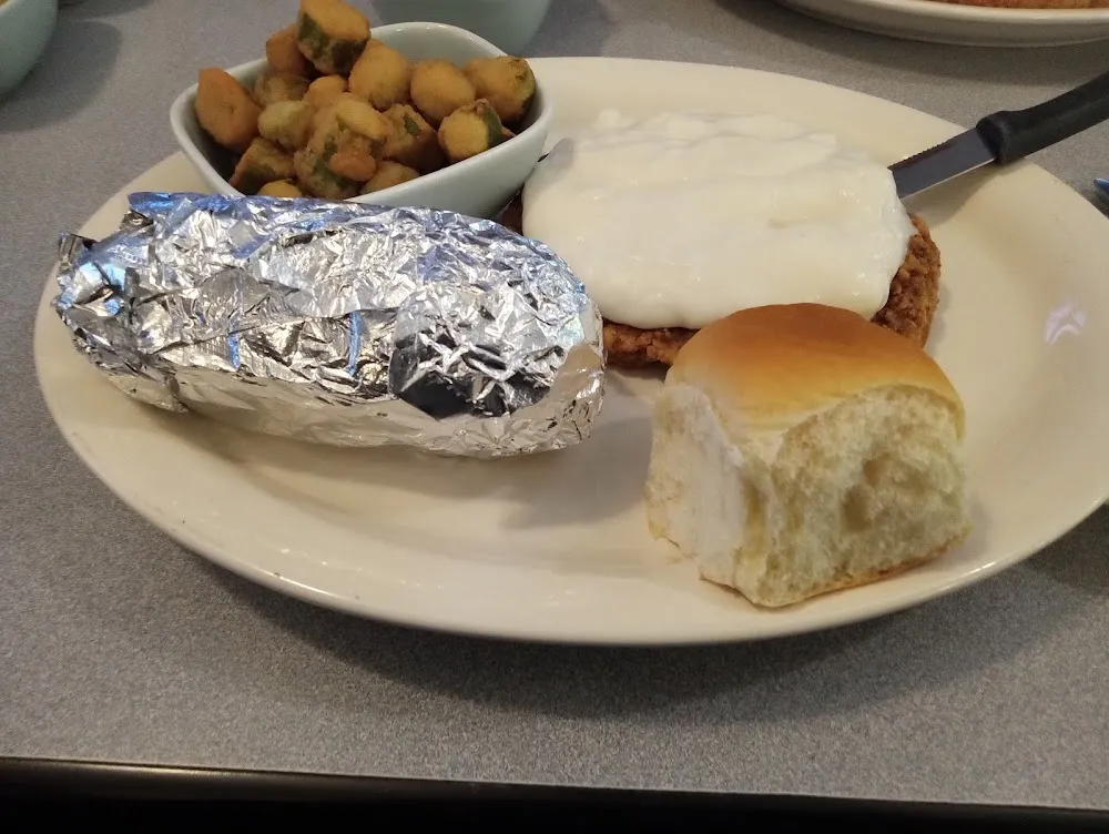 Country Fried Beef Steak Okra Baked Potato